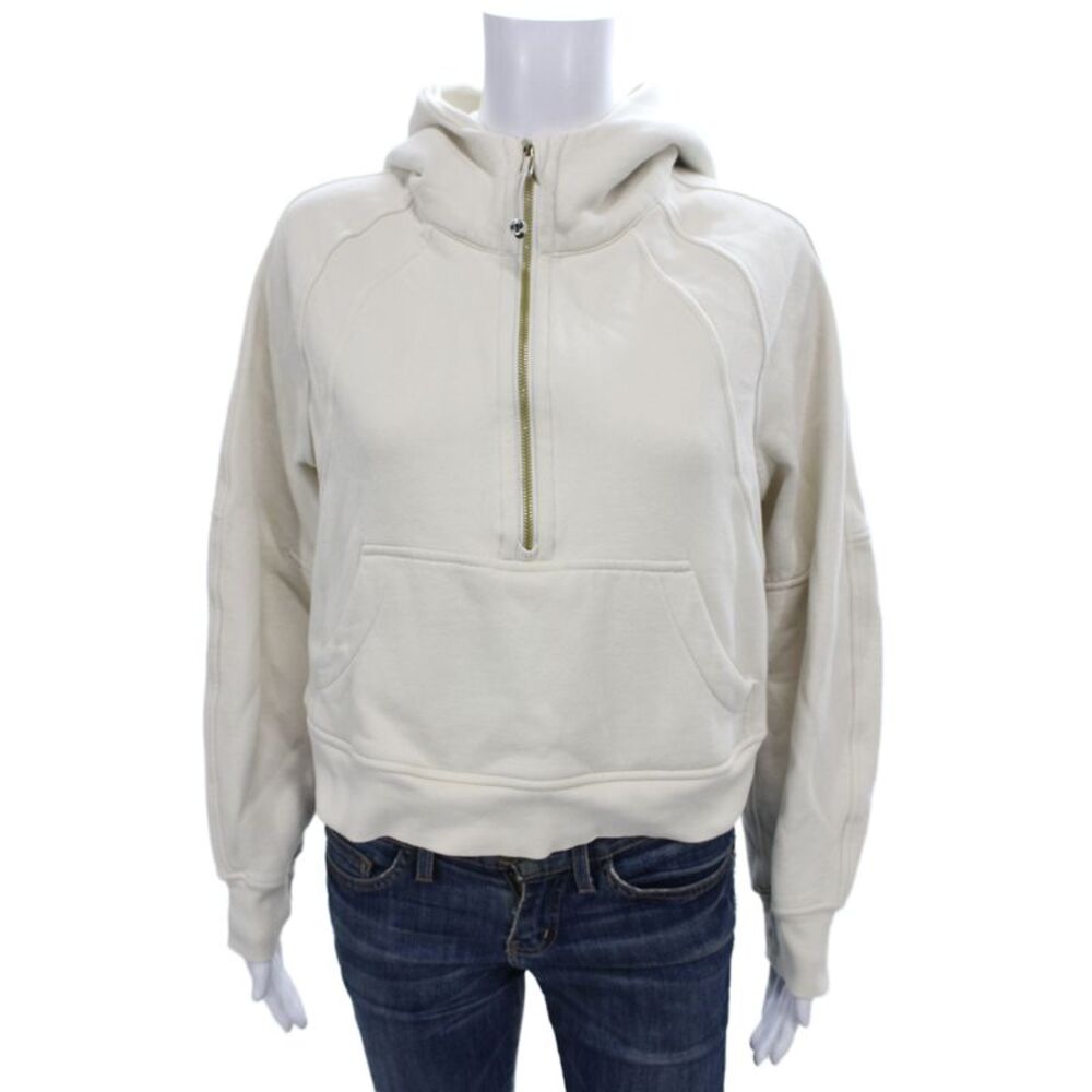 Lululemon Women Pullover Hoodie Ivory High Neck Zip Long Sleeve Cotton Size XS